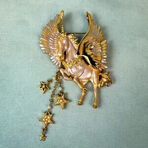 Vintage Kirk’s Folly Cloudwalker Unicorn Pegasus Goldtone Metal Dangle Brooch